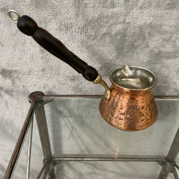 Vintage Copper+? Turkish coffee Cezve mother of pearl inlay wood handle - Picture 4 of 12